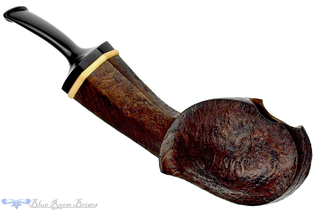 Blue Room Briars is proud to present this H Pipes by Aiden Hesslewood Freehand Bent Sandblast Blowfish with Boxwood