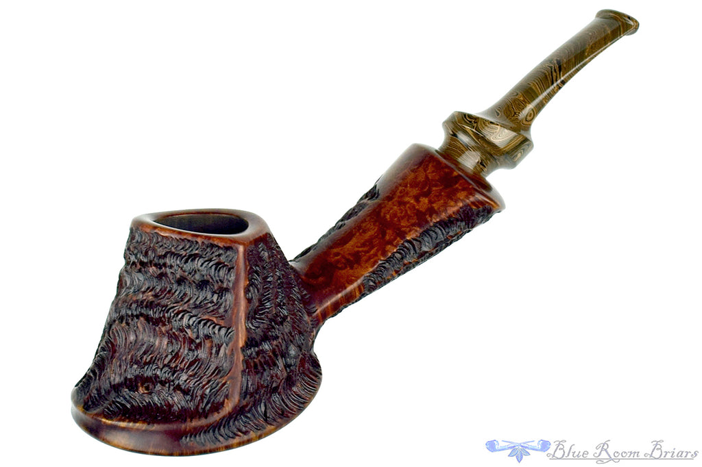Blue Room Briars is proud to present this C. Kent Joyce Pipe Bent Partial Rusticated Volcano with Brindle