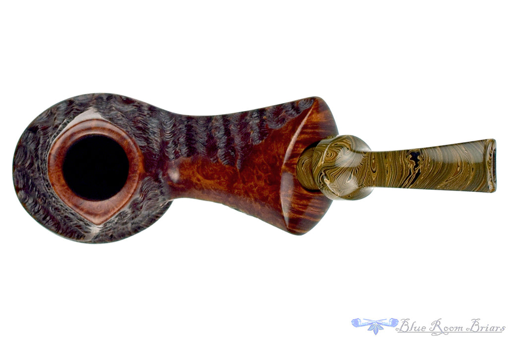 Blue Room Briars is proud to present this C. Kent Joyce Pipe Bent Partial Rusticated Volcano with Brindle