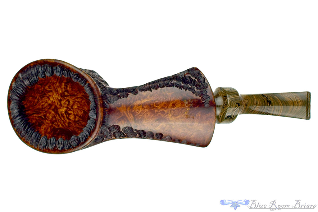 Blue Room Briars is proud to present this C. Kent Joyce Pipe Bent Partial Rusticated Volcano with Brindle