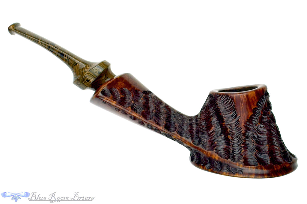 Blue Room Briars is proud to present this C. Kent Joyce Pipe Bent Partial Rusticated Volcano with Brindle