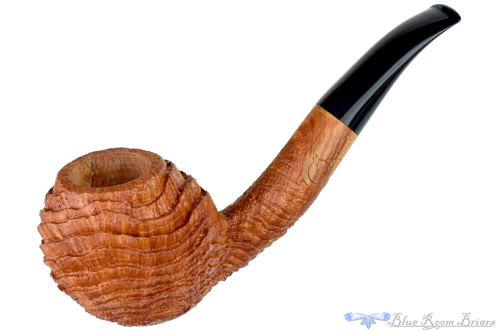 Blue Room Briars is proud to present this Chris Morgan Pipe Bent Sandblast Witches Finger with Brindle