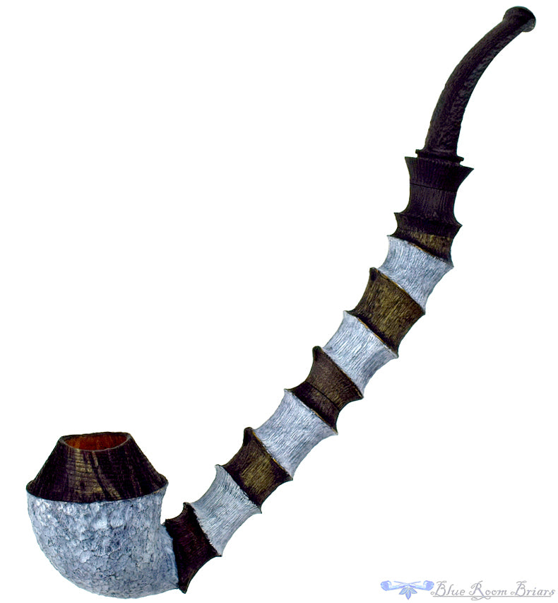Brian Orton Pipe Bent Carved Driftwood Rhodesian with Bamboo and Shank Extension