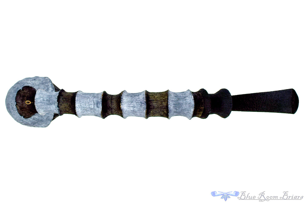 Blue Room Briars is proud to present this Brian Orton Pipe Bent Carved Driftwood Rhodesian with Bamboo and Shank Extension