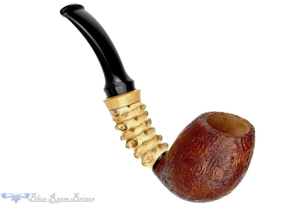 Blue Room Briars is proud to present this Doug Finlay Pipe 2427 Bent Sandblast Egg with Bamboo and Boxwood