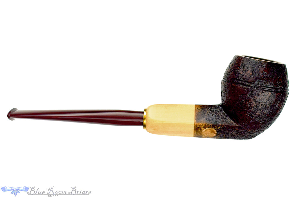 Blue Room Briars is proud to present this H Pipes by Aidan Hesslewood Sandblast Bulldog with Boxwood, Brass, and Military Mount