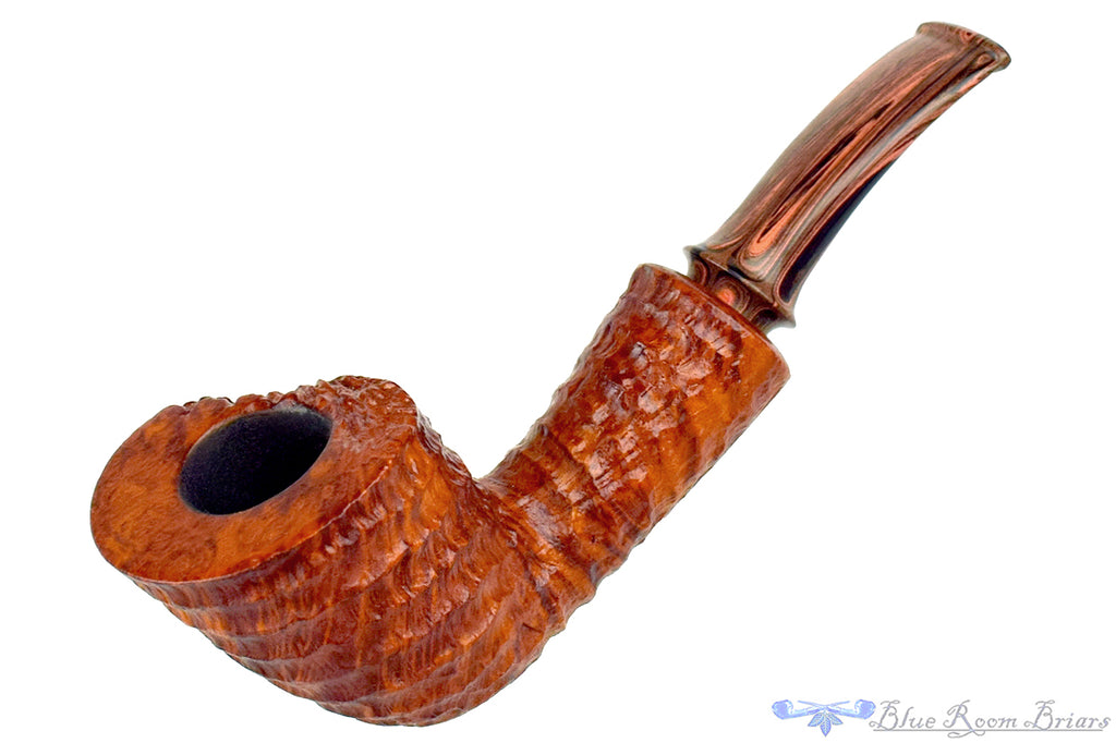 Blue Room Briars is proud to present this Tom Richard Pipe Bent Carved Yachtsman with Brindle and Plateau
