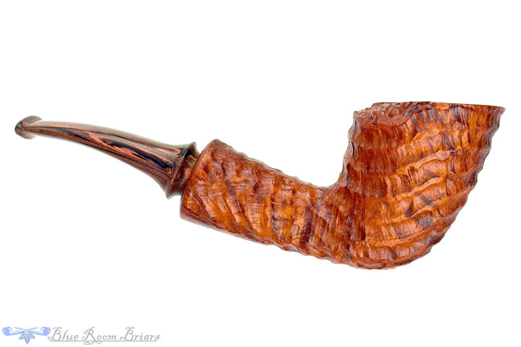 Blue Room Briars is proud to present this Tom Richard Pipe Bent Carved Yachtsman with Brindle and Plateau