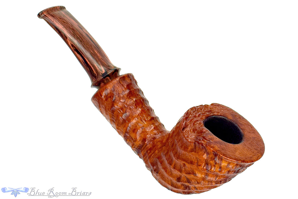 Blue Room Briars is proud to present this Tom Richard Pipe Bent Carved Yachtsman with Brindle and Plateau