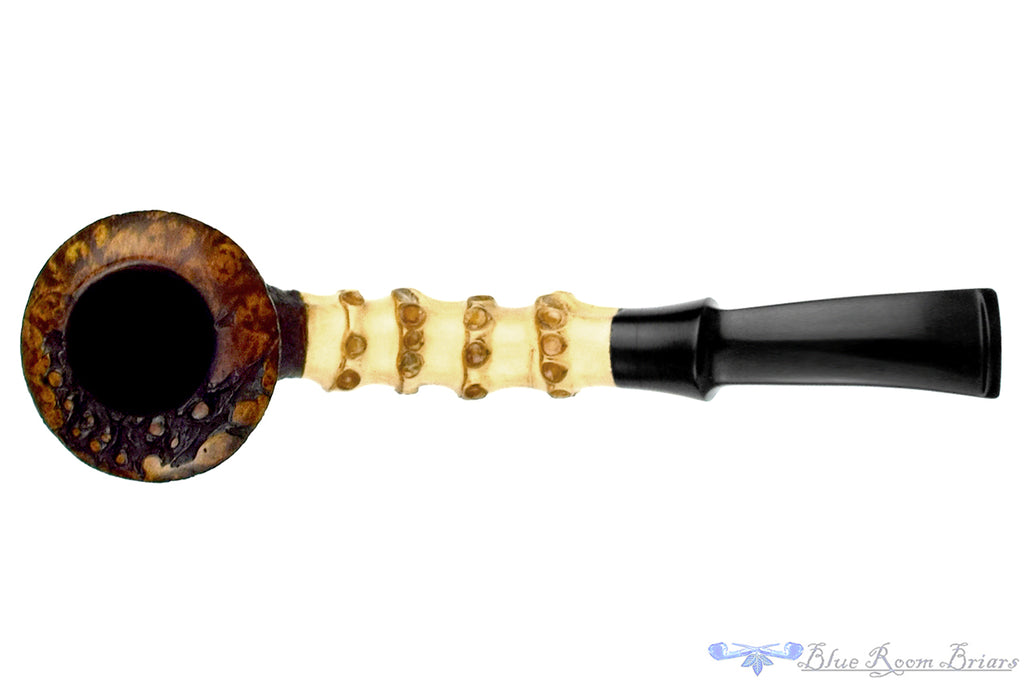 Blue Room Briars is proud to present this KJ Pipes (Kadesh Swanson) Bent Sandblast Cherrywood Sitter with Bamboo and Plateau Estate Pipe