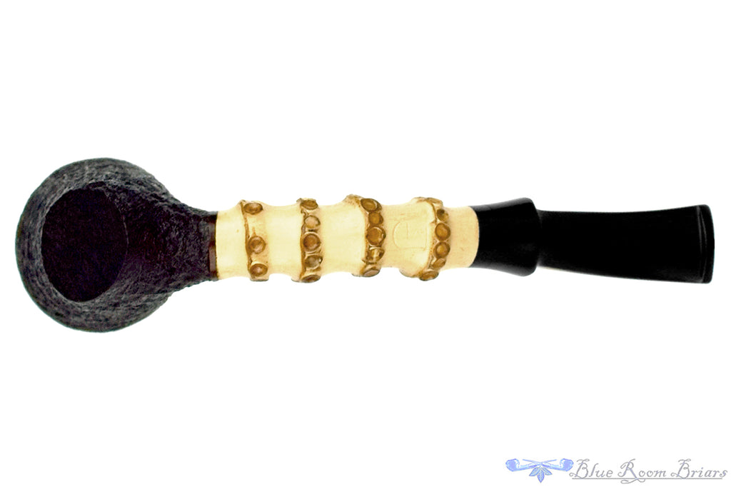 Blue Room Briars is proud to present this KJ Pipes (Kadesh Swanson) Bent Sandblast Cherrywood Sitter with Bamboo and Plateau Estate Pipe