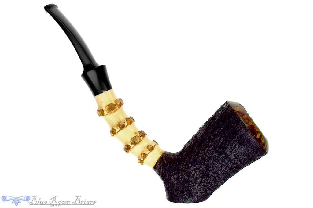 Blue Room Briars is proud to present this KJ Pipes (Kadesh Swanson) Bent Sandblast Cherrywood Sitter with Bamboo and Plateau Estate Pipe