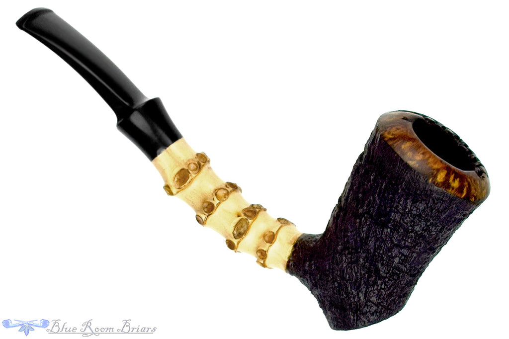 Blue Room Briars is proud to present this KJ Pipes (Kadesh Swanson) Bent Sandblast Cherrywood Sitter with Bamboo and Plateau Estate Pipe