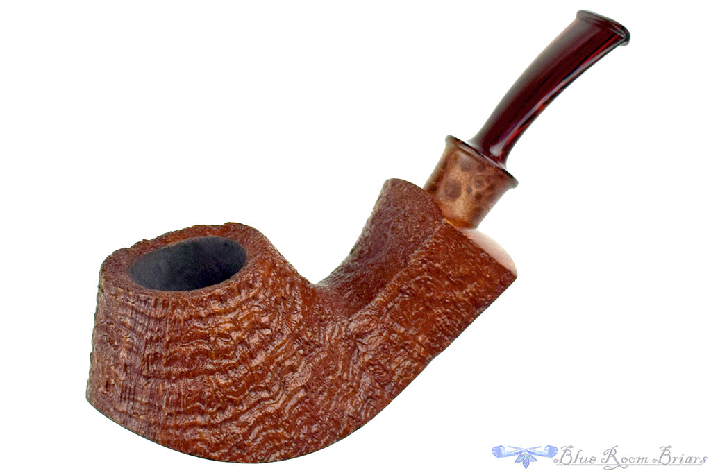 Blue Room Briars is proud to present this Bill Shalosky Pipe 821 Bent Partial Sandblast Volcano with Redwood Burl and Brindle