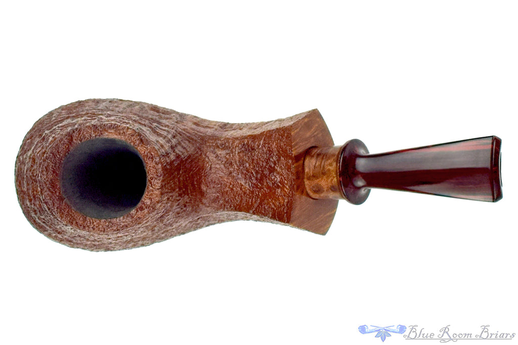 Blue Room Briars is proud to present this Bill Shalosky Pipe 821 Bent Partial Sandblast Volcano with Redwood Burl and Brindle