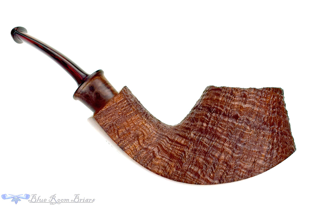 Blue Room Briars is proud to present this Bill Shalosky Pipe 821 Bent Partial Sandblast Volcano with Redwood Burl and Brindle