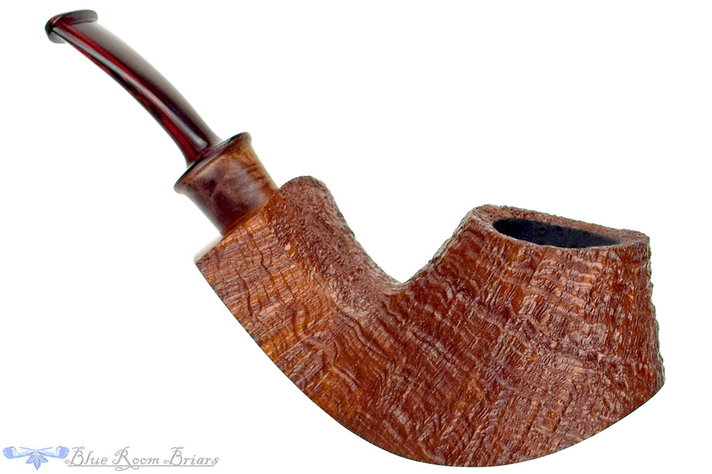 Blue Room Briars is proud to present this Bill Shalosky Pipe 821 Bent Partial Sandblast Volcano with Redwood Burl and Brindle
