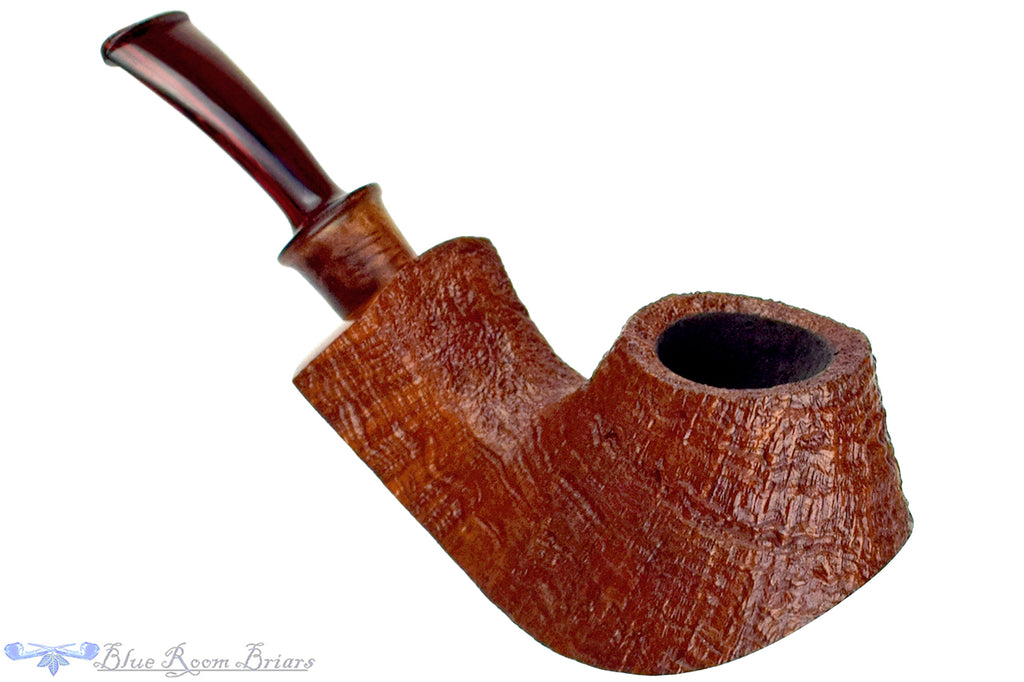 Blue Room Briars is proud to present this Bill Shalosky Pipe 821 Bent Partial Sandblast Volcano with Redwood Burl and Brindle