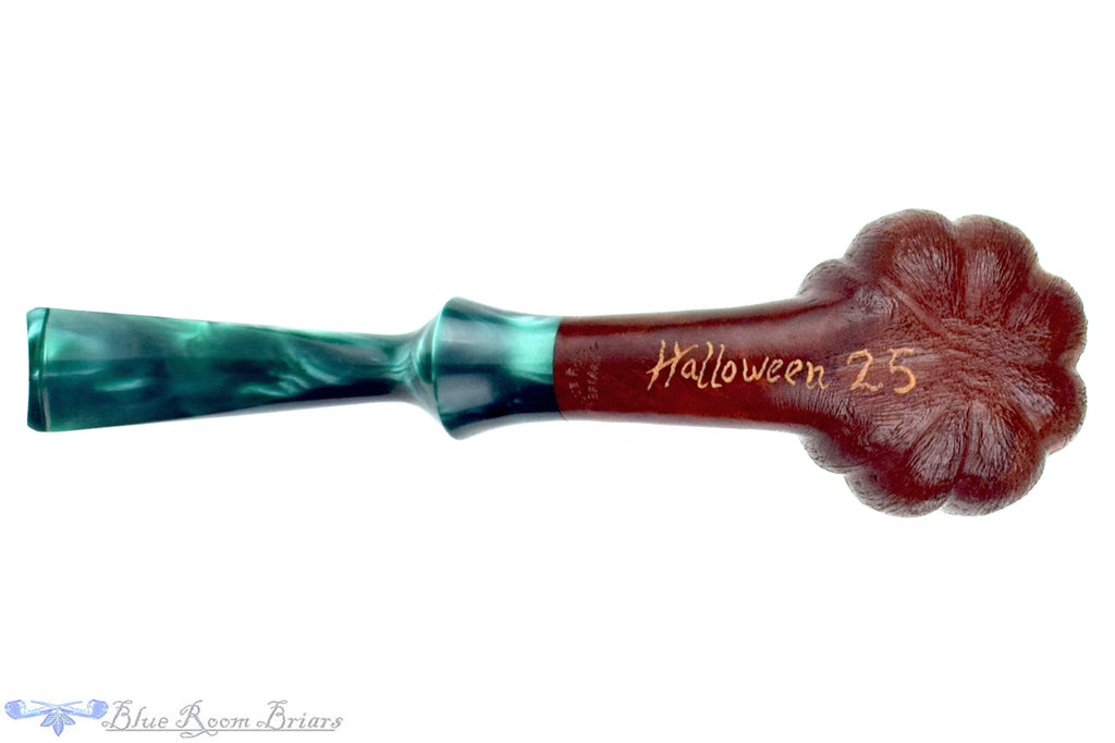 Blue Room Briars is proud to present this Blue Room Briars Pipe 2025 Halloween Bent Carved Glow in the Dark Jack-O'-Lantern