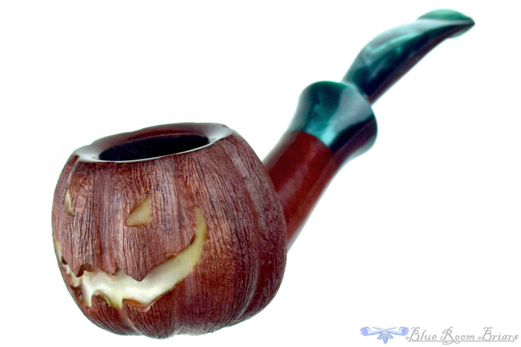 Blue Room Briars is proud to present this Blue Room Briars Pipe 2025 Halloween Bent Carved Glow in the Dark Jack-O'-Lantern