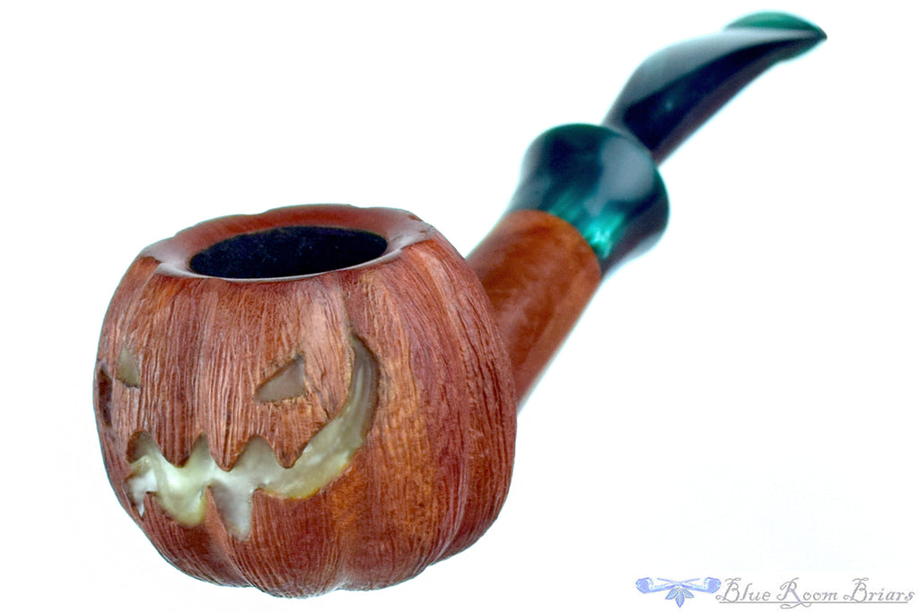 Blue Room Briars is proud to present this Blue Room Briars Pipe 2025 Halloween Bent Carved Glow in the Dark Jack-O'-Lantern