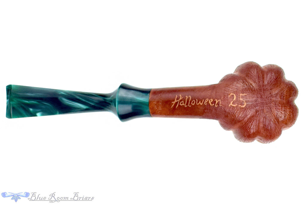 Blue Room Briars is proud to present this Blue Room Briars Pipe 2025 Halloween Bent Carved Glow in the Dark Jack-O'-Lantern