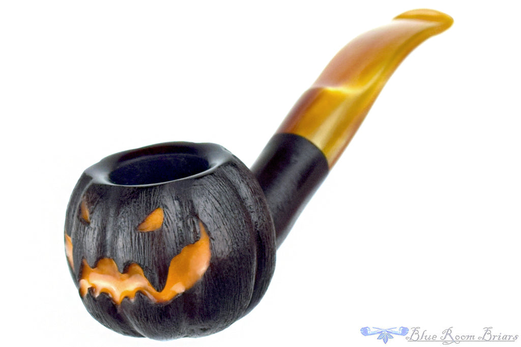 Blue Room Briars is proud to present this Blue Room Briars Pipe 2025 Halloween Bent Carved Glow in the Dark Jack-O'-Lantern