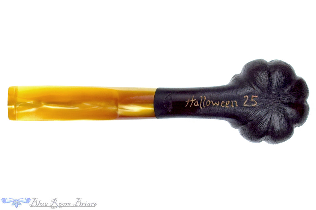 Blue Room Briars is proud to present this Blue Room Briars Pipe 2025 Halloween Bent Carved Glow in the Dark Jack-O'-Lantern