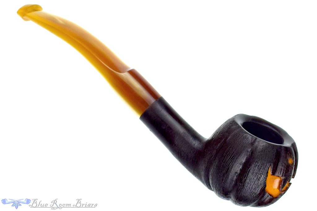 Blue Room Briars is proud to present this Blue Room Briars Pipe 2025 Halloween Bent Carved Glow in the Dark Jack-O'-Lantern