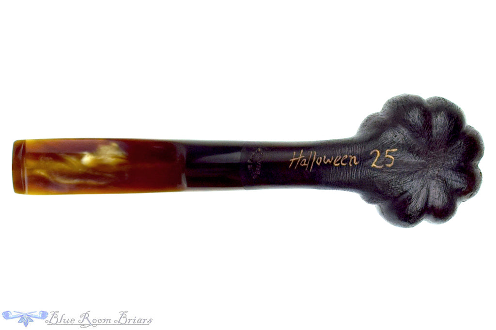Blue Room Briars is proud to present this Blue Room Briars Pipe 2025 Halloween Bent Carved Glow in the Dark Jack-O'-Lantern