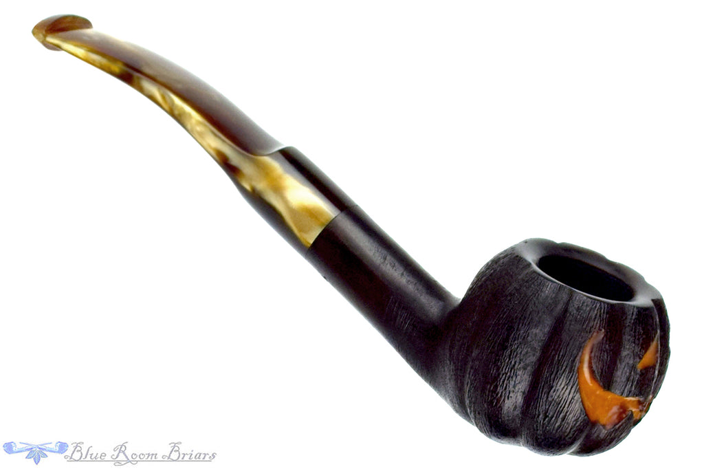 Blue Room Briars is proud to present this Blue Room Briars Pipe 2025 Halloween Bent Carved Glow in the Dark Jack-O'-Lantern