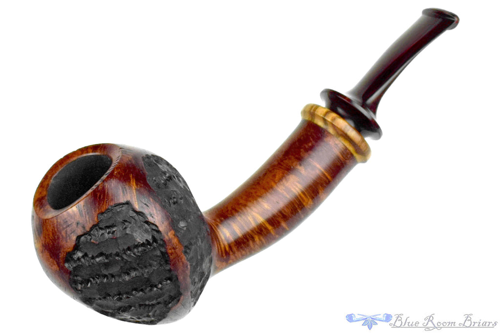 Blue Room Briars is proud to present this C. Kent Joyce Pipe Bent Carved Acorn with Olivewood and Brindle