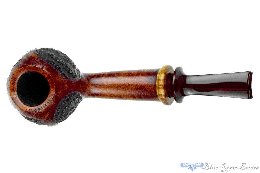 Blue Room Briars is proud to present this C. Kent Joyce Pipe Bent Carved Acorn with Olivewood and Brindle