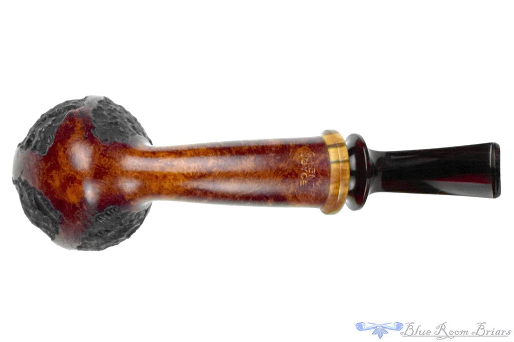 Blue Room Briars is proud to present this C. Kent Joyce Pipe Bent Carved Acorn with Olivewood and Brindle