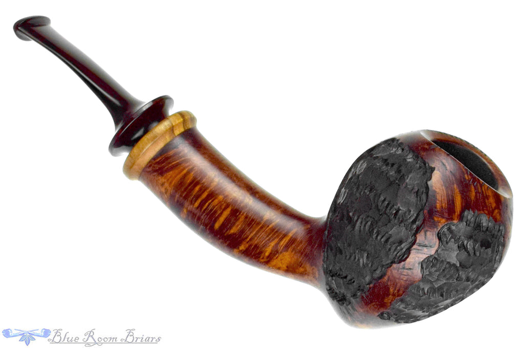 Blue Room Briars is proud to present this C. Kent Joyce Pipe Bent Carved Acorn with Olivewood and Brindle