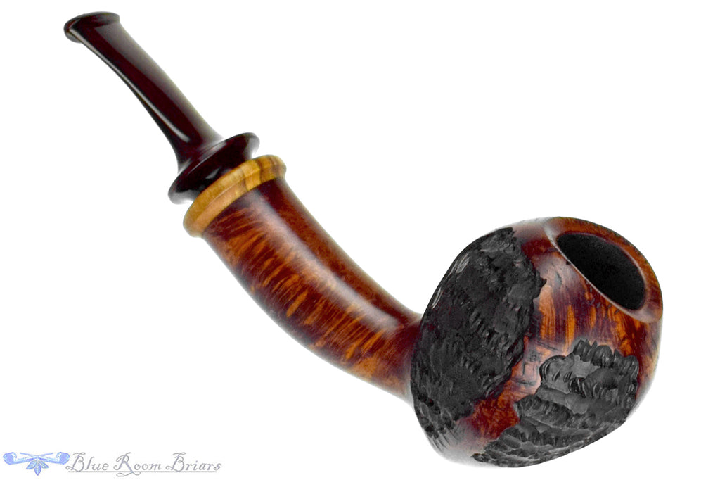 Blue Room Briars is proud to present this C. Kent Joyce Pipe Bent Carved Acorn with Olivewood and Brindle