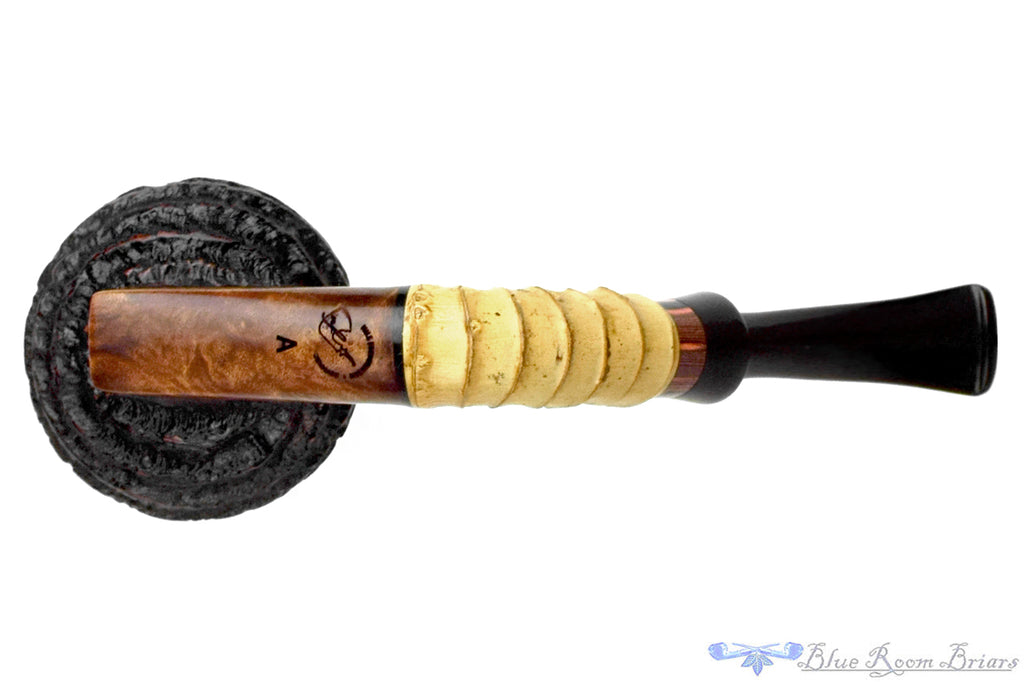 Blue Room Briars is proud to present this Nils Frederiksen Pipe A Bent Carved Sandblast Tomato with Bamboo, Brindle and Custom Black and White Ebony and Brass Tamper