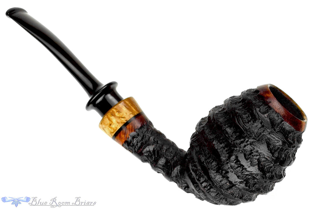 Blue Room Briars is proud to present this Nils Frederiksen Pipe A Bent Carved Sandblast Egg with Maser Birch and Custom Maser Birch and Brass Tamper