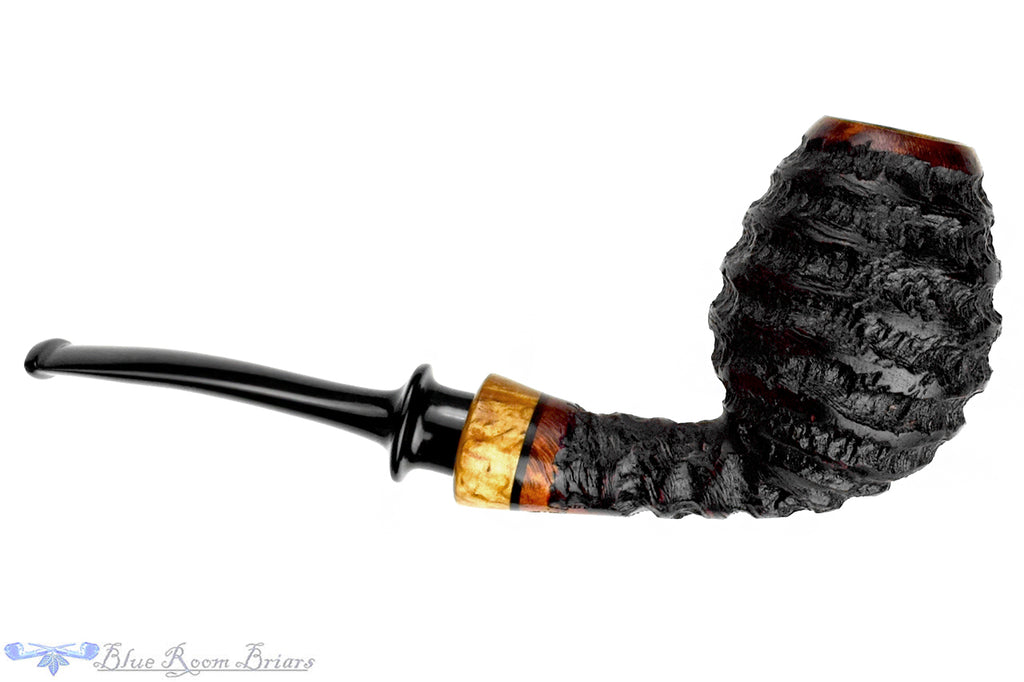 Blue Room Briars is proud to present this Nils Frederiksen Pipe A Bent Carved Sandblast Egg with Maser Birch and Custom Maser Birch and Brass Tamper