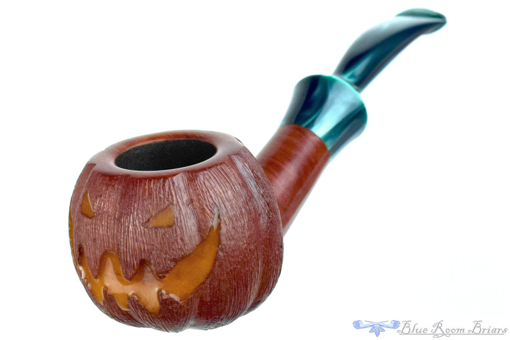 Blue Room Briars is proud to present this Blue Room Briars Pipe 2026 Halloween Bent Carved Glow in the Dark Jack-O'-Lantern