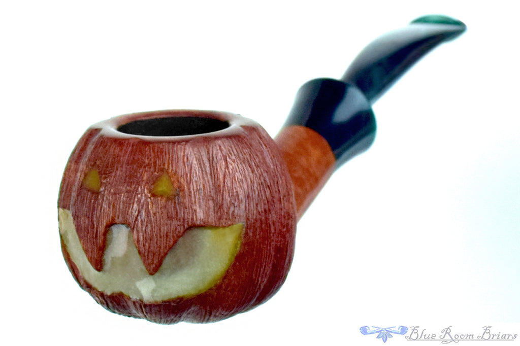 Blue Room Briars is proud to present this Blue Room Briars Pipe 2026 Halloween Bent Carved Glow in the Dark Jack-O'-Lantern
