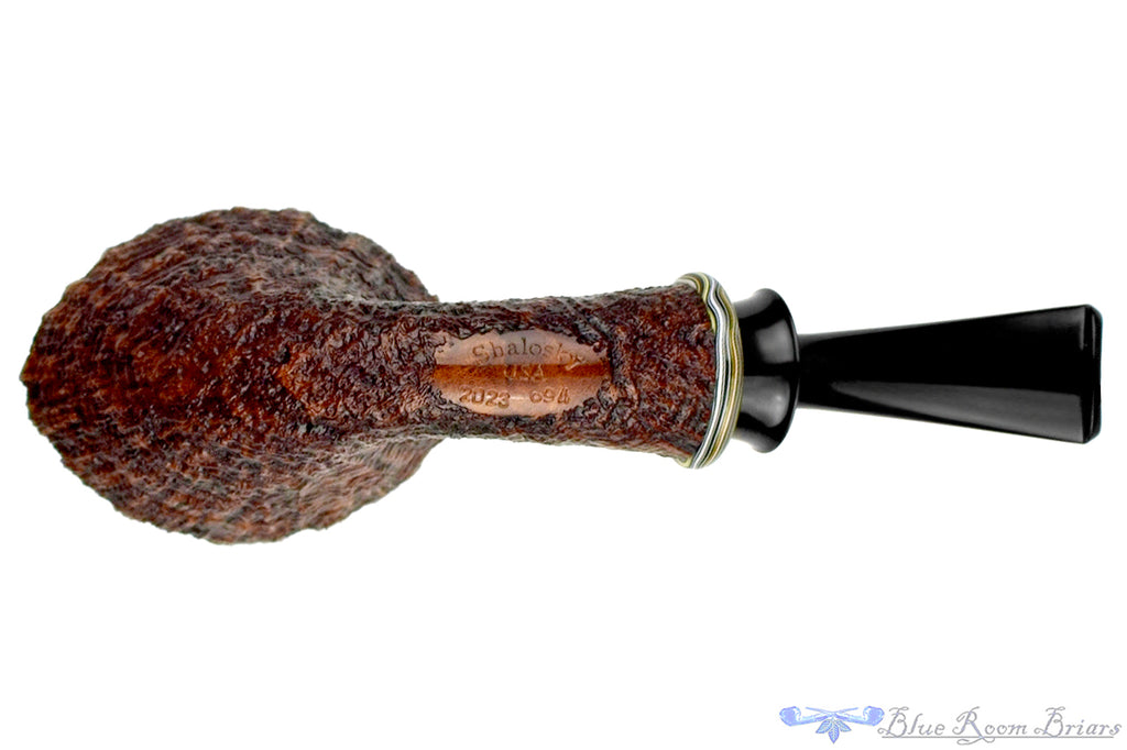 Blue Room Briars is proud to present this Bill Shalosky Pipe 694 Bent Contrast Ring Blast Fan Dublin with Plateau and Fordite