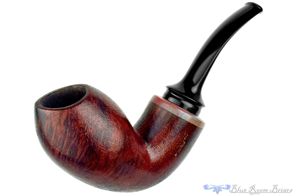 Blue Room Briars is proud to present this Chris Morgan Pipe Bent Satin Blast Reverse Calabash with Brindle
