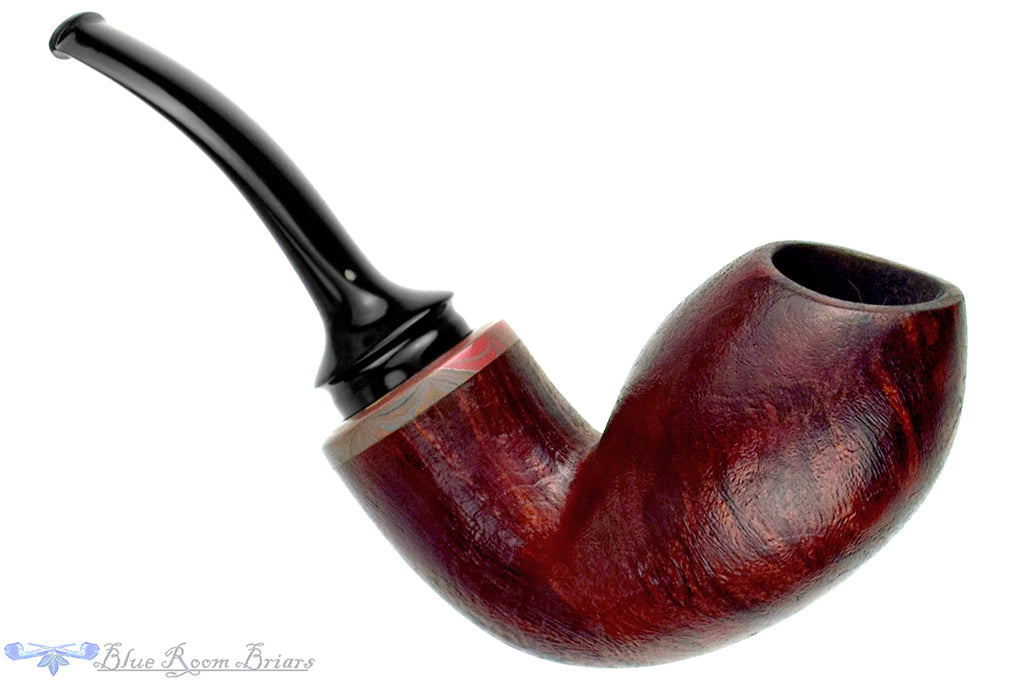 Blue Room Briars is proud to present this Chris Morgan Pipe Bent Satin Blast Reverse Calabash with Brindle
