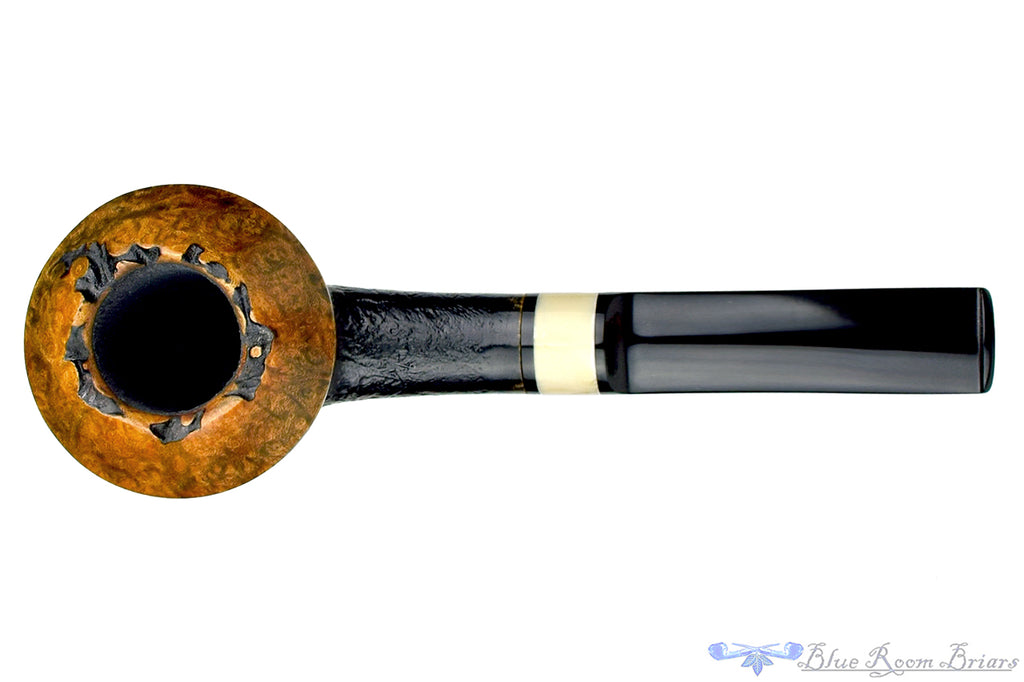 Blue Room Briars is Proud to Present this Charl Goussard Pipe 1/4 Bent Partial Sandblast Rhodesian with Faux Ivory and Plateau