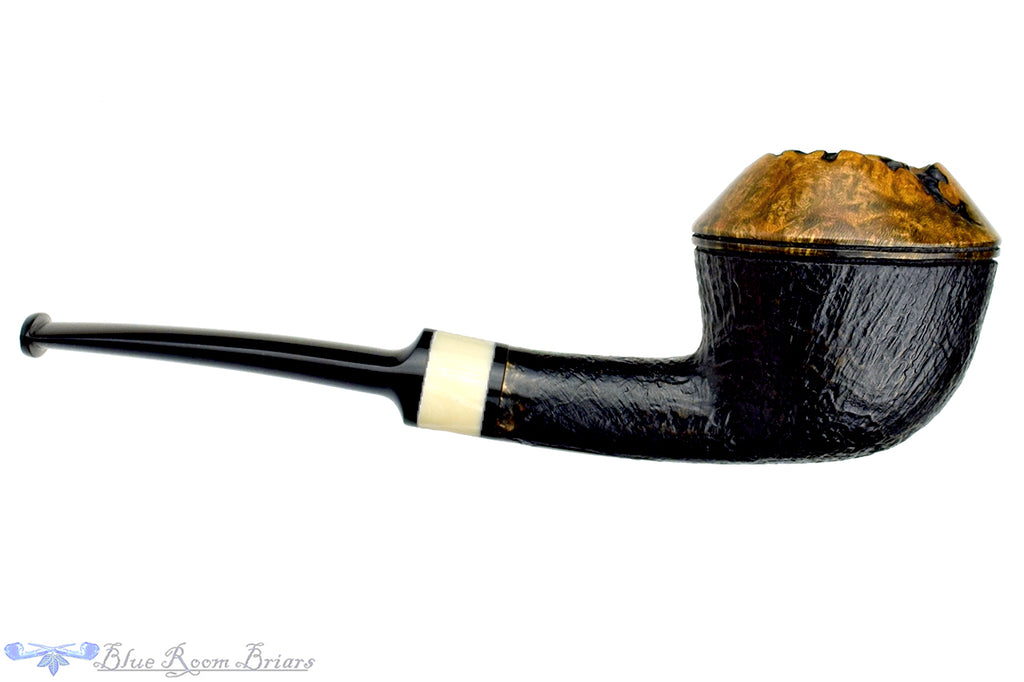 Blue Room Briars is Proud to Present this Charl Goussard Pipe 1/4 Bent Partial Sandblast Rhodesian with Faux Ivory and Plateau
