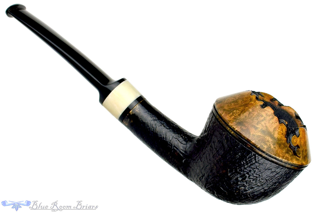 Blue Room Briars is Proud to Present this Charl Goussard Pipe 1/4 Bent Partial Sandblast Rhodesian with Faux Ivory and Plateau