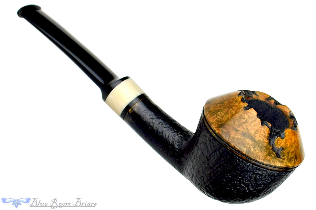 Blue Room Briars is Proud to Present this Charl Goussard Pipe 1/4 Bent Partial Sandblast Rhodesian with Faux Ivory and Plateau