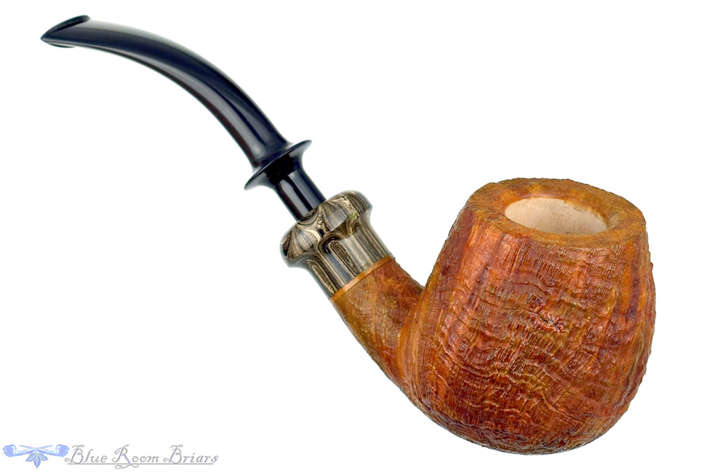 Blue Room Briars is proud to present this Ron Powell Pipe 1/4 Bent Tan Blast Brandy with Sand Brindle Ebonite Ferrule