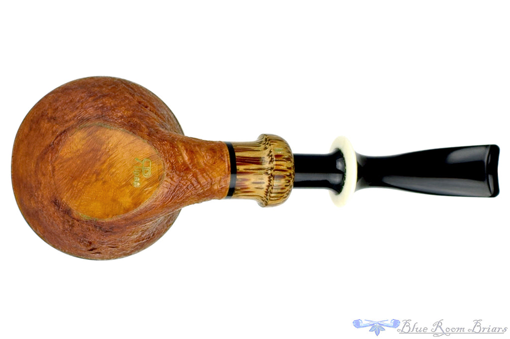 Blue Room Briars is proud to present this Ron Powell Pipe 1/8 Bent Sandblast Rhodesian Sitter with Red Palm Ferrule and Ivorite Stem Insert